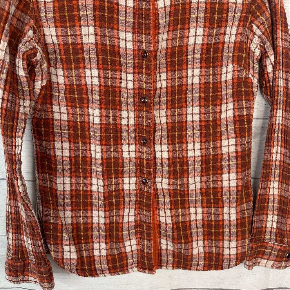 prAna Women size M Orange Brown Plaid Flannel Shirt Outdoor Hiking Cabincore - Picture 4 of 8